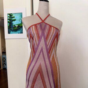 Groovy Glitter Color Blocked Halter Neck Pink Midi Dress